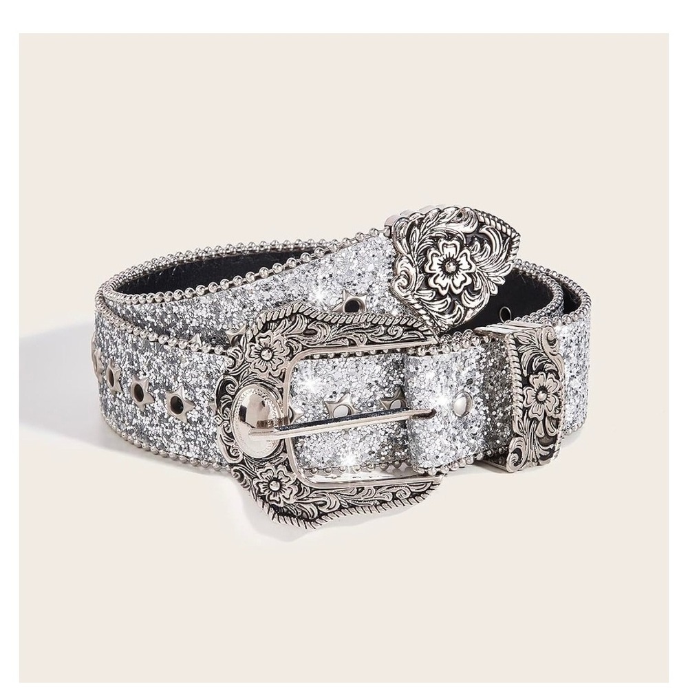 Womens Silver Glitter Western Belt‎ Engraved Floral Buckle Cowgirl Glam Y2K New